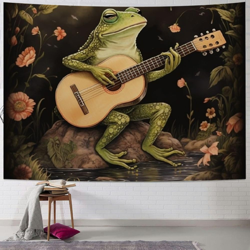 Μποέμ γοβλέν με βάτραχο-καλλιτέχνη που παίζει φλάουτο, πολυεστερική ίνα, ψηφιακή μεταφορά θερμότητας, εξατομικευόμενο, διακόσμηση τοίχου για σαλόνι/υπνοδωμάτιο/γραφείο
