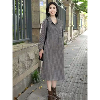Košulno-haljina s prugama, polo ovratnik, dugi rukavi, A‑linijska silueta