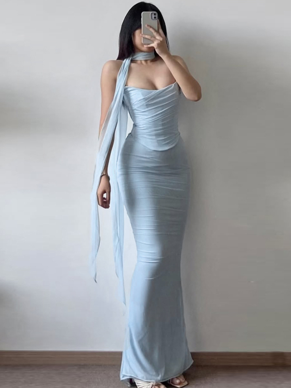 Dva komada seta: top bez ramena s vezom oko vrata i bodycon suknja visokog struka - poliester, jednobojna, bez rukava, duga suknja, casual japansko-korejski stil