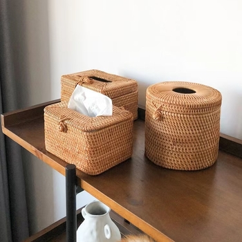 Кутия за хартиени кърпички от ратаново плетение, кръгла цилиндър форма, за хол