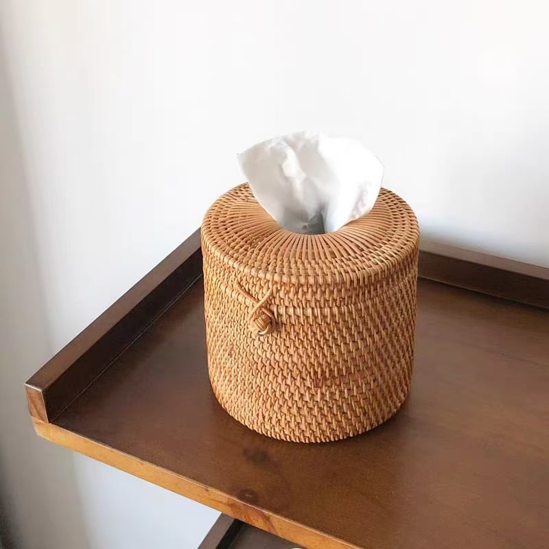 Кутия за хартиени кърпички от ратаново плетение, кръгла цилиндър форма, за хол