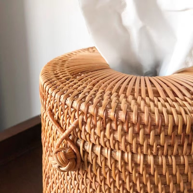 Кутия за хартиени кърпички от ратаново плетение, кръгла цилиндър форма, за хол