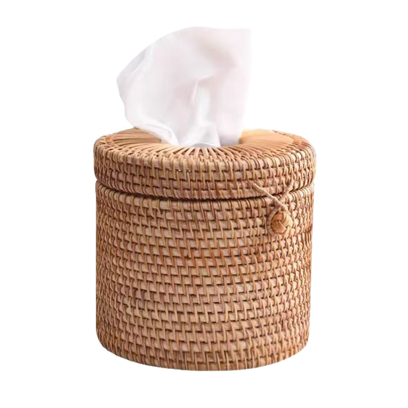 Кутия за хартиени кърпички от ратаново плетение, кръгла цилиндър форма, за хол