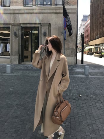 Ženski vuneni kaput – dvostrani, 95% vuna, dugačak kroj, ovratnik tipa saka, bez glačanja