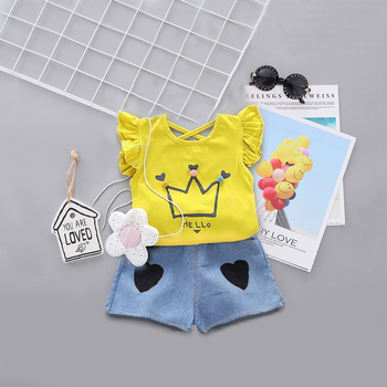 Ljetni dvodijelni komplet za djevojčice, korejskog stila, gornji dio s kratkim rukavima i šortama, 100% poliester, uzrast 1–3 godine