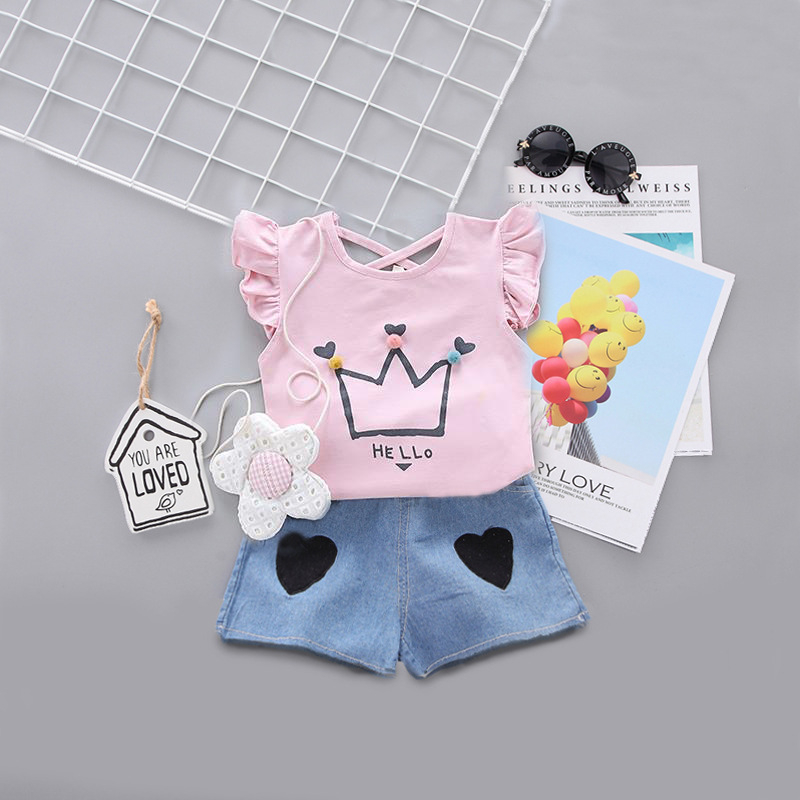 Ljetni dvodijelni komplet za djevojčice, korejskog stila, gornji dio s kratkim rukavima i šortama, 100% poliester, uzrast 1–3 godine