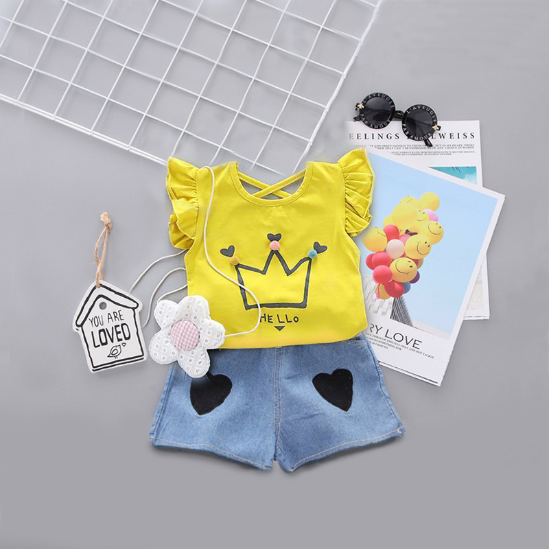 Ljetni dvodijelni komplet za djevojčice, korejskog stila, gornji dio s kratkim rukavima i šortama, 100% poliester, uzrast 1–3 godine