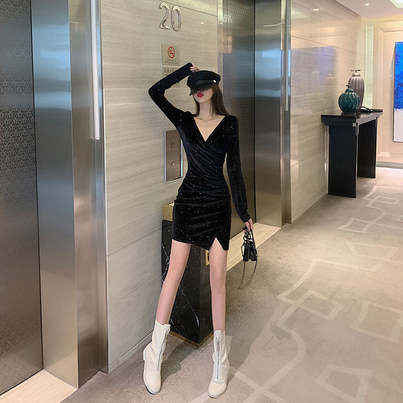 Haljina od baršuna s preklopljenim V-izrezom, dugi rukavi, midi duljina, nepravilan uzorak s otiskom, elegantan svakodnevni stil