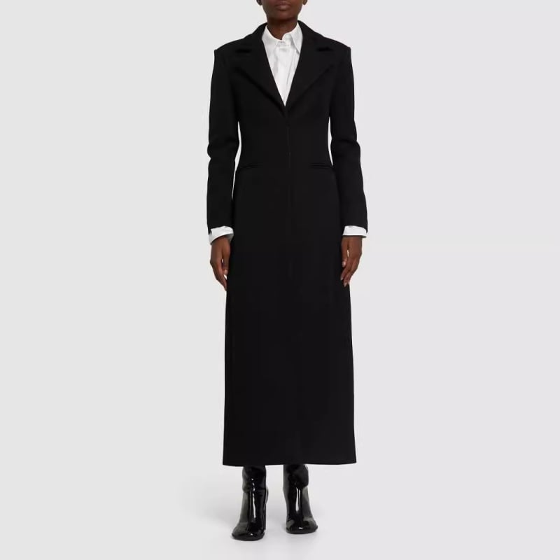 Ženski dugi vuneni kaput sa sakom ovratnikom, skrivenim kopčama, uski kroj, jedinstven uzorak