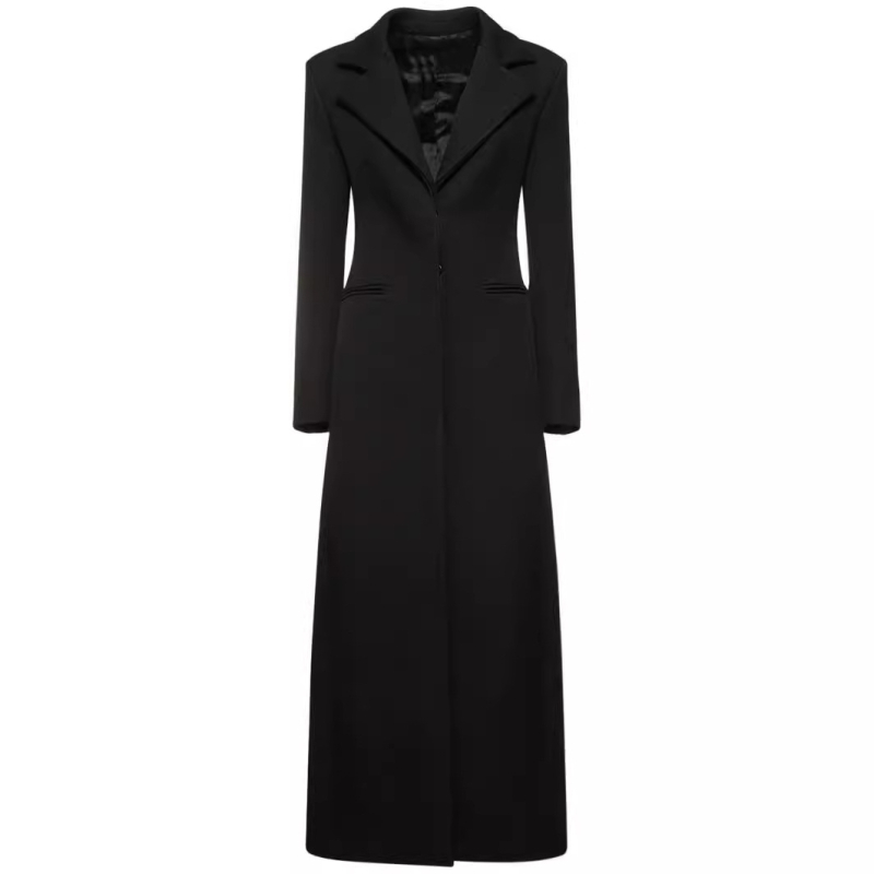 Ženski dugi vuneni kaput sa sakom ovratnikom, skrivenim kopčama, uski kroj, jedinstven uzorak