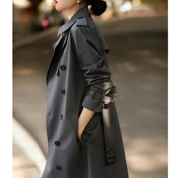 Ženski dugi pamučni windbreaker kaput u Hepburn stilu, polo ovratnik, dugi rukavi, srednja duljina 65–80 cm, patchwork dizajn, proljetno-jesensko odijevanje