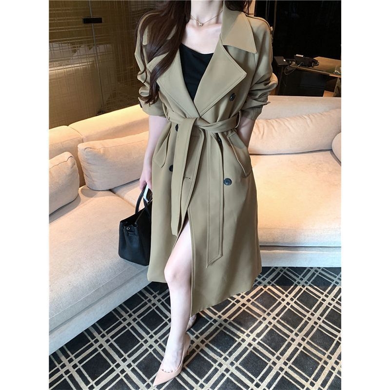 Дамски тренчкот с двойно закопчаване, полиестер, дълга дължина (80–100 cm), яка в стил костюм, дълги ръкави