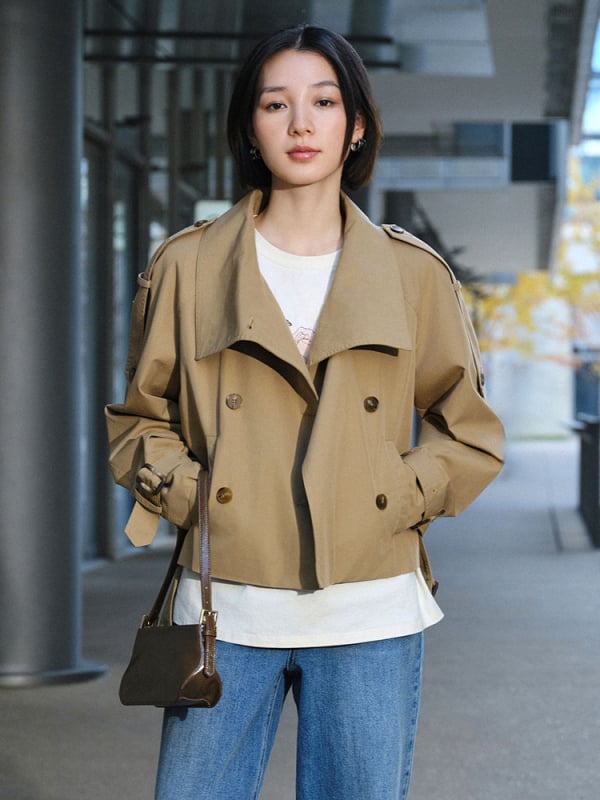 Női dupla gombos trench kabát, lazább szabás, pamut-poliészter keverék, raglán ujjak, rever gallér