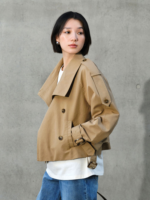 Női dupla gombos trench kabát, lazább szabás, pamut-poliészter keverék, raglán ujjak, rever gallér