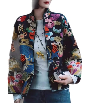 Ženska jakna s izvezenim kineskim stilom, slobodan kroj, poliester, dugi rukavi, okrugli ovratnik, tehnika kolage/šivanja