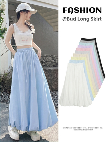 Пухеста пола с висока талия, японско-корейски стил на свободно облекло, смес полиестер/найлон, микроеластична