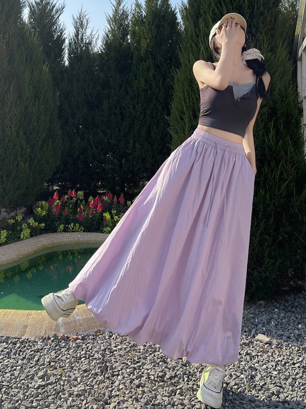 Пухеста пола с висока талия, японско-корейски стил на свободно облекло, смес полиестер/найлон, микроеластична