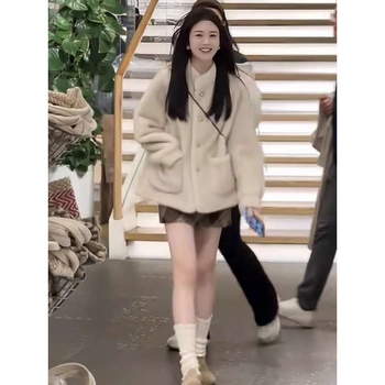 Γυναικείο χειμερινό παλτό από ακρυλικό ύφασμα με γιακά polo και patchwork σχέδιο, κανονικό μήκος