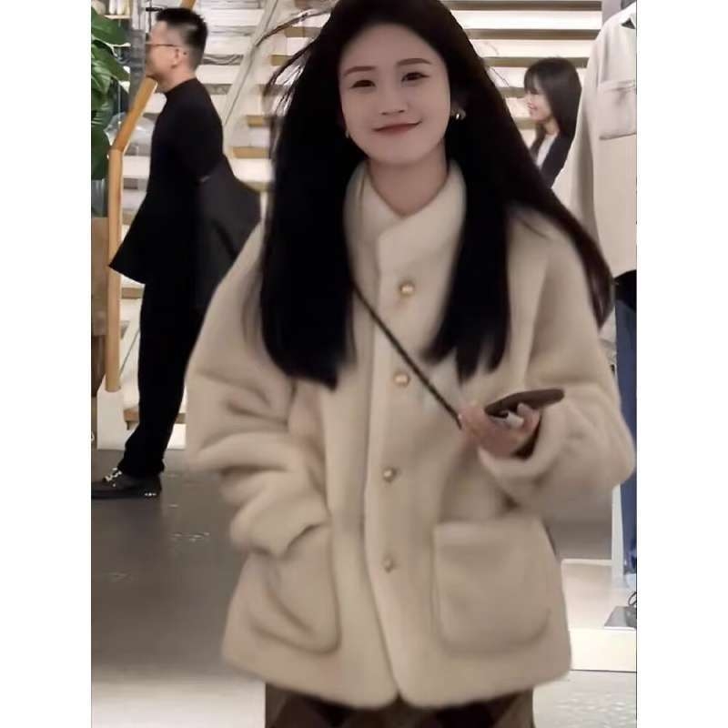 Γυναικείο χειμερινό παλτό από ακρυλικό ύφασμα με γιακά polo και patchwork σχέδιο, κανονικό μήκος