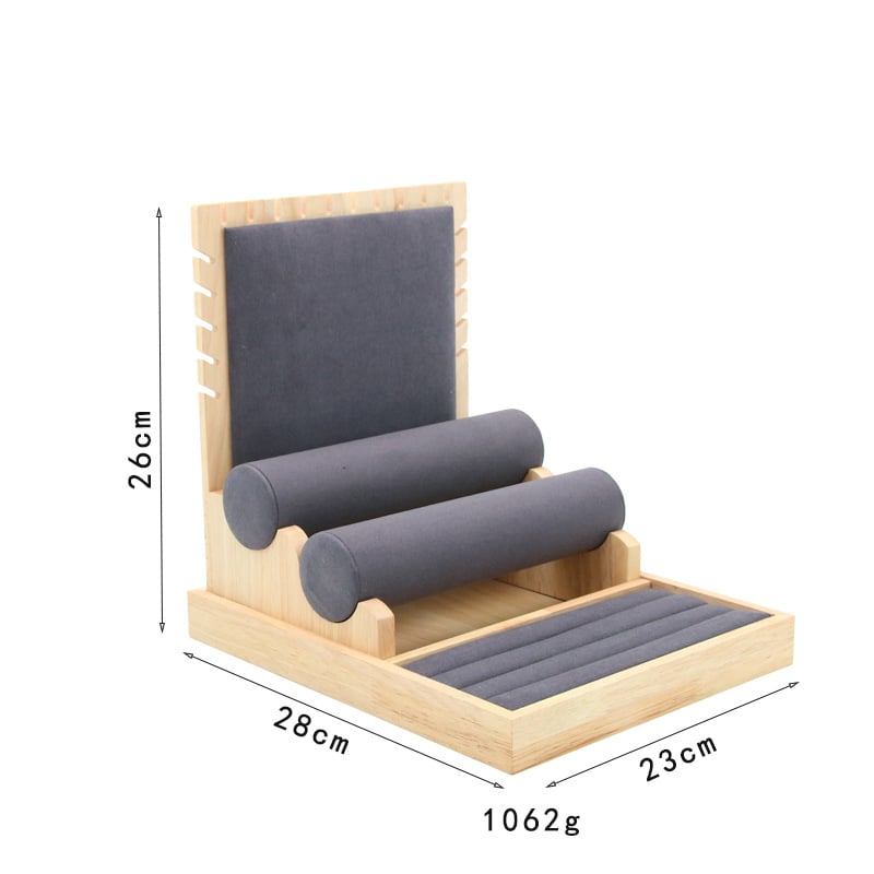 Многофункционална стойка за бижута, изработена от бамбук и дървен микрофибър, подходяща за пръстени, гривни и колиета.