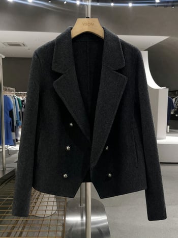 Ženski dvostrani vuneni kaput, grafitno siva, ležeran kroj, dvostruko kopčanje, ovratnik sakoa, standardna duljina (50–65 cm)