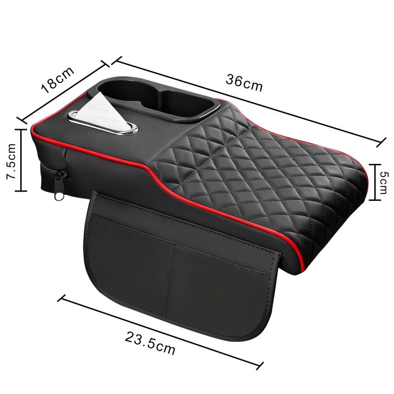 Perna de ridicare a cotierului auto din piele, cu suport pentru șervețele și suport pentru pahare – organizator central de depozitare universal, rezistent la pete, suport pentru cot pentru relaxarea oboselii