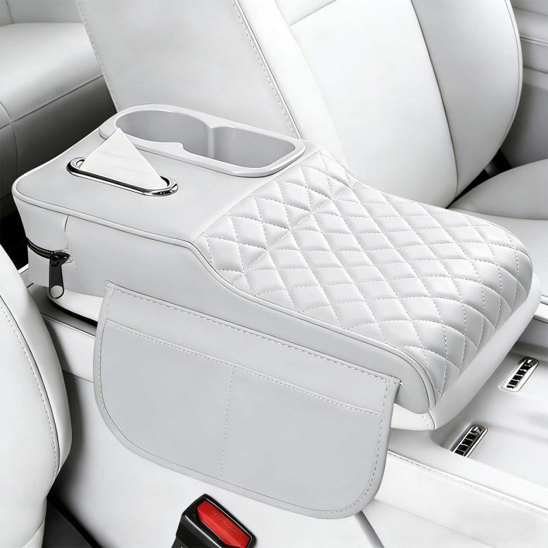 Perna de ridicare a cotierului auto din piele, cu suport pentru șervețele și suport pentru pahare – organizator central de depozitare universal, rezistent la pete, suport pentru cot pentru relaxarea oboselii