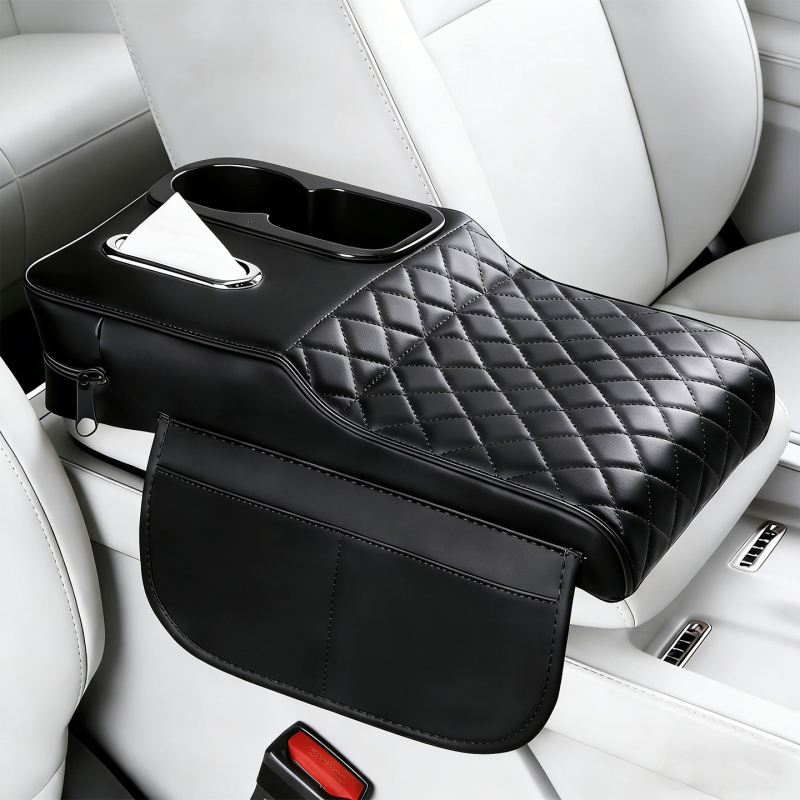 Perna de ridicare a cotierului auto din piele, cu suport pentru șervețele și suport pentru pahare – organizator central de depozitare universal, rezistent la pete, suport pentru cot pentru relaxarea oboselii