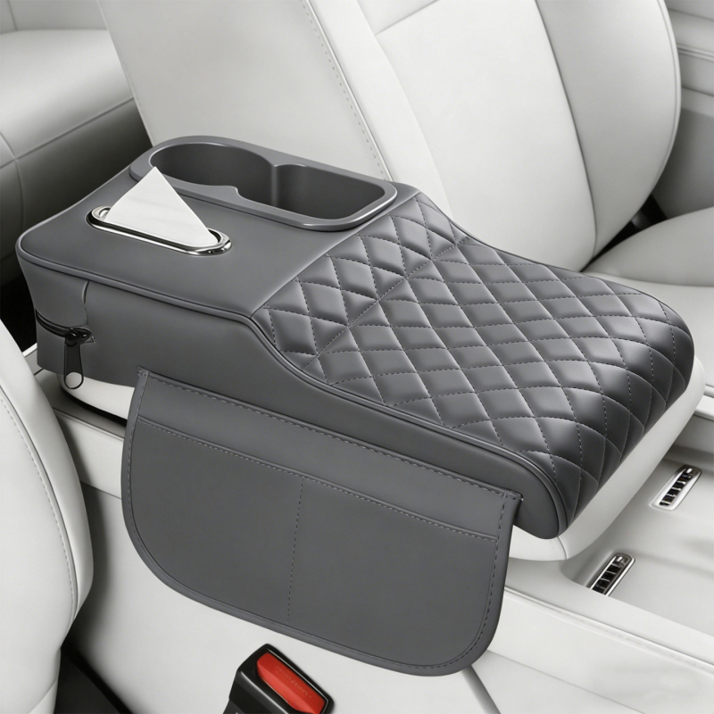 Perna de ridicare a cotierului auto din piele, cu suport pentru șervețele și suport pentru pahare – organizator central de depozitare universal, rezistent la pete, suport pentru cot pentru relaxarea oboselii