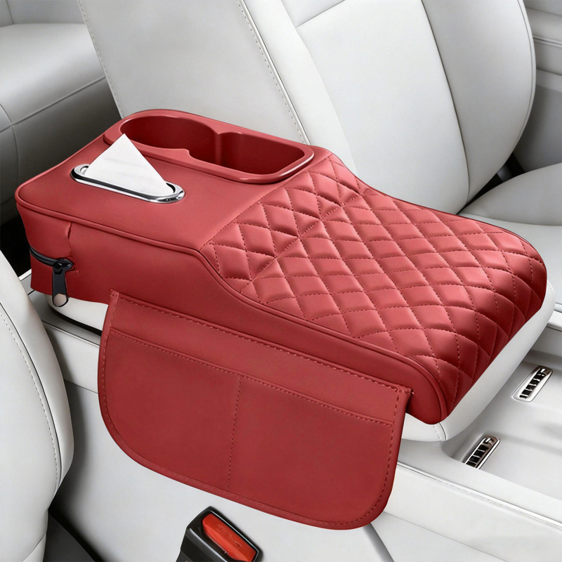 Perna de ridicare a cotierului auto din piele, cu suport pentru șervețele și suport pentru pahare – organizator central de depozitare universal, rezistent la pete, suport pentru cot pentru relaxarea oboselii