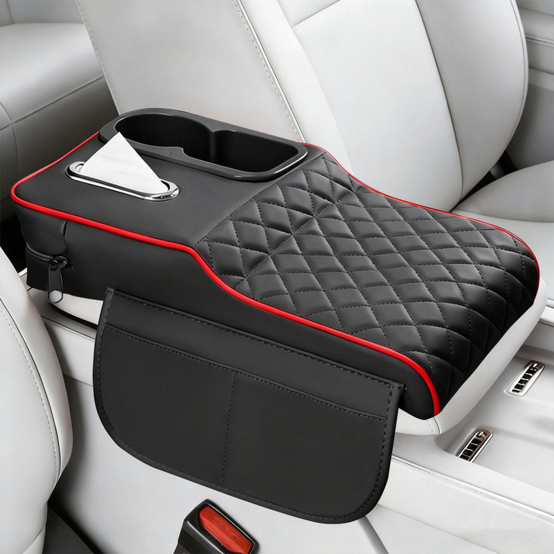 Perna de ridicare a cotierului auto din piele, cu suport pentru șervețele și suport pentru pahare – organizator central de depozitare universal, rezistent la pete, suport pentru cot pentru relaxarea oboselii