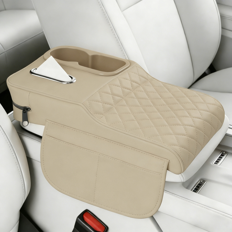 Perna de ridicare a cotierului auto din piele, cu suport pentru șervețele și suport pentru pahare – organizator central de depozitare universal, rezistent la pete, suport pentru cot pentru relaxarea oboselii