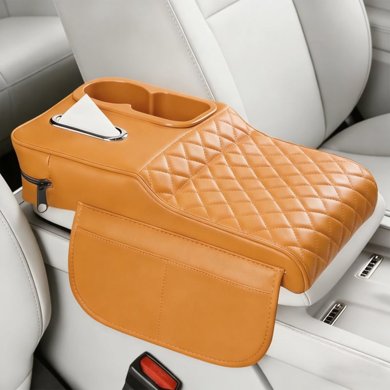 Perna de ridicare a cotierului auto din piele, cu suport pentru șervețele și suport pentru pahare – organizator central de depozitare universal, rezistent la pete, suport pentru cot pentru relaxarea oboselii