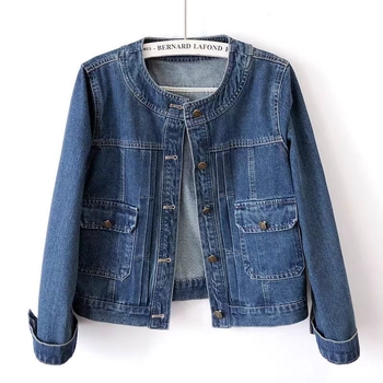 Palton din denim pentru femei, guler rotund, plisaj, mâneci lungi, 95% bumbac
