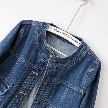 Palton din denim pentru femei, guler rotund, plisaj, mâneci lungi, 95% bumbac