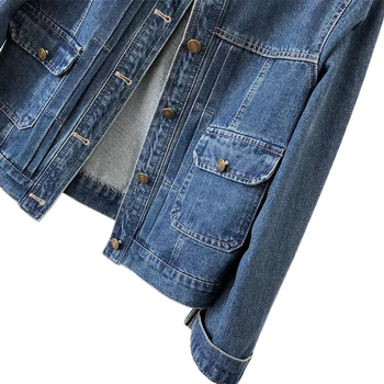 Palton din denim pentru femei, guler rotund, plisaj, mâneci lungi, 95% bumbac