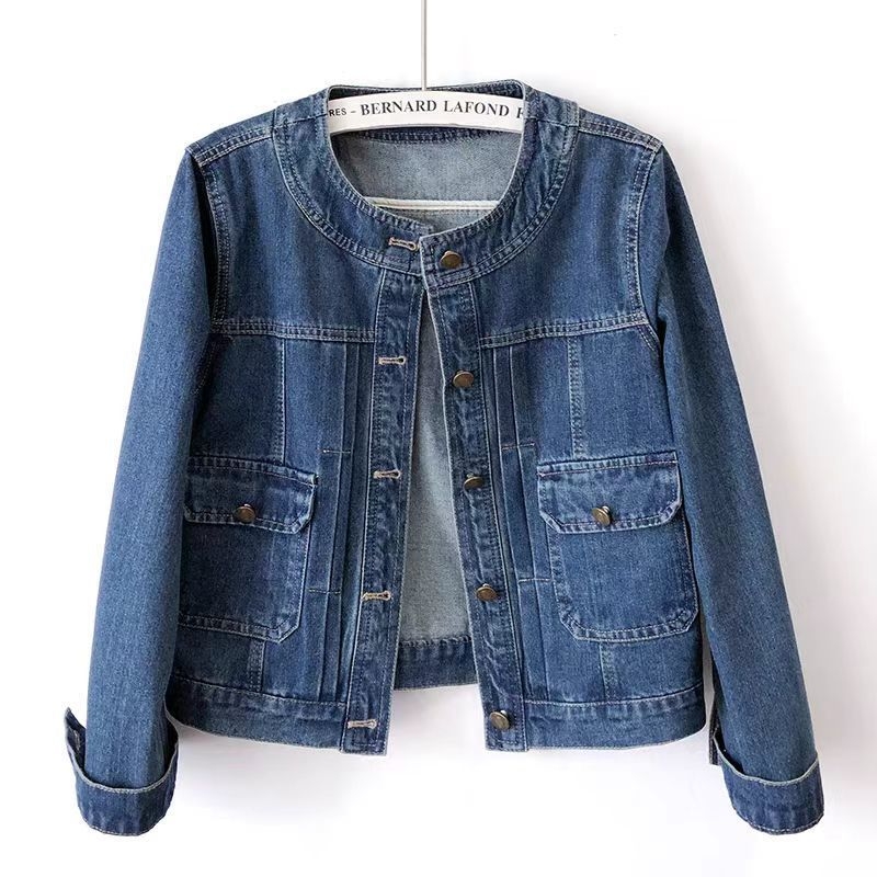 Palton din denim pentru femei, guler rotund, plisaj, mâneci lungi, 95% bumbac
