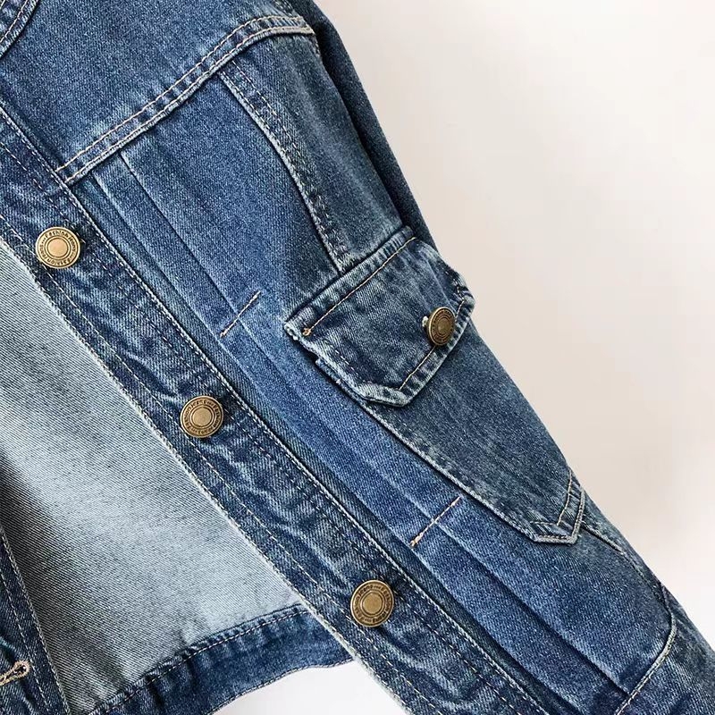 Palton din denim pentru femei, guler rotund, plisaj, mâneci lungi, 95% bumbac