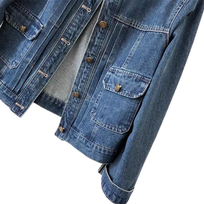 Palton din denim pentru femei, guler rotund, plisaj, mâneci lungi, 95% bumbac