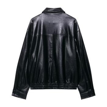 Női PU bőr motorkerékpár dzseki, laza fazon, rever gallér, cipzáras zárás