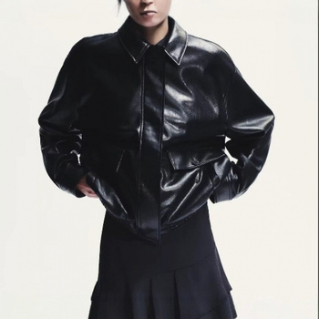 Női PU bőr motorkerékpár dzseki, laza fazon, rever gallér, cipzáras zárás