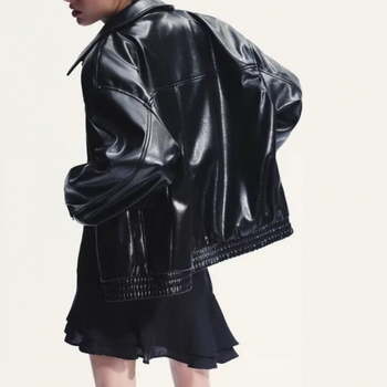 Női PU bőr motorkerékpár dzseki, laza fazon, rever gallér, cipzáras zárás