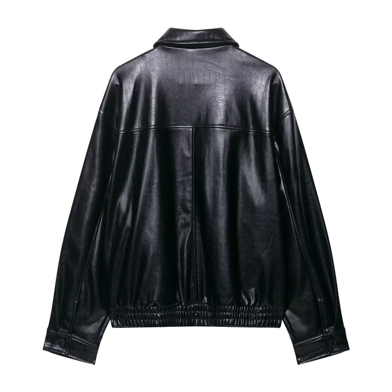 Női PU bőr motorkerékpár dzseki, laza fazon, rever gallér, cipzáras zárás