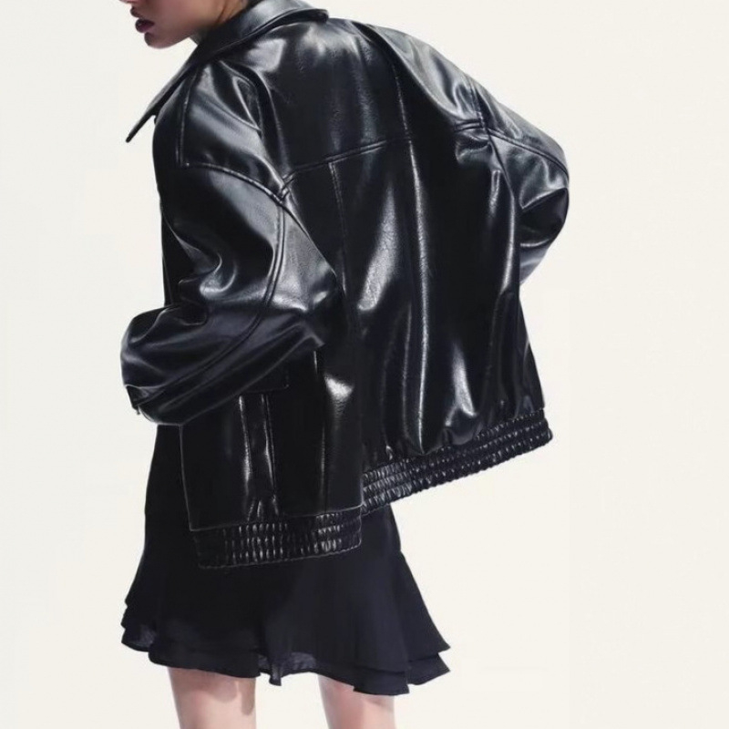 Női PU bőr motorkerékpár dzseki, laza fazon, rever gallér, cipzáras zárás