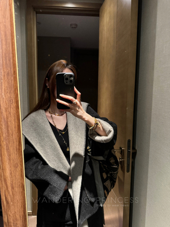 Női gyapjú kabát kapucnival, color-block, megfordítható, laza szabású, közepes hosszúságú