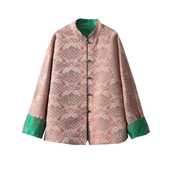 Mulberry Silk Jacquard kabát álló gallérral, reversibil Song Brocade, hosszú ujjú