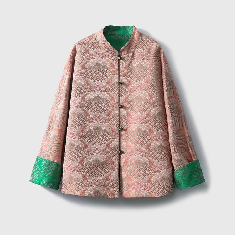 Mulberry Silk Jacquard kabát álló gallérral, reversibil Song Brocade, hosszú ujjú