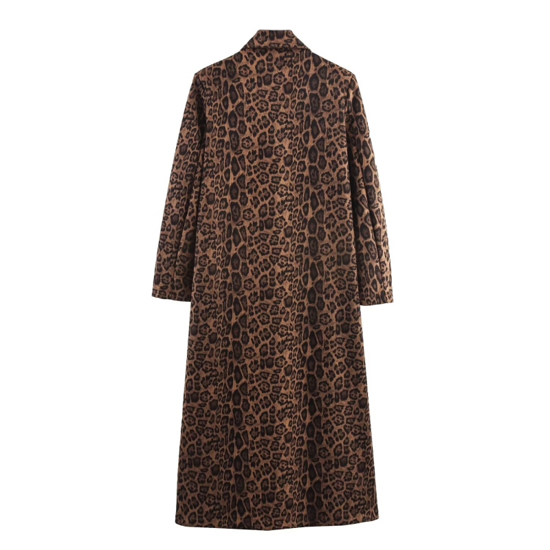 Палто - леопардов принт, двойно закопчаване, лацкан, дълга дължина, полиестерна материя