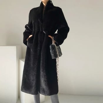 Dugi ženski kaput od umjetnog krzna, elegantan stil, ovratnik s polu-stalnim visokim dijelom, duljina 80–100 cm, zima 2025