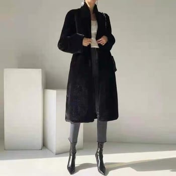Dugi ženski kaput od umjetnog krzna, elegantan stil, ovratnik s polu-stalnim visokim dijelom, duljina 80–100 cm, zima 2025